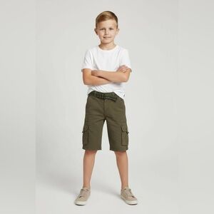 Swiss Cross cargo green olive Boys shorts 7 many pockets belt zip button